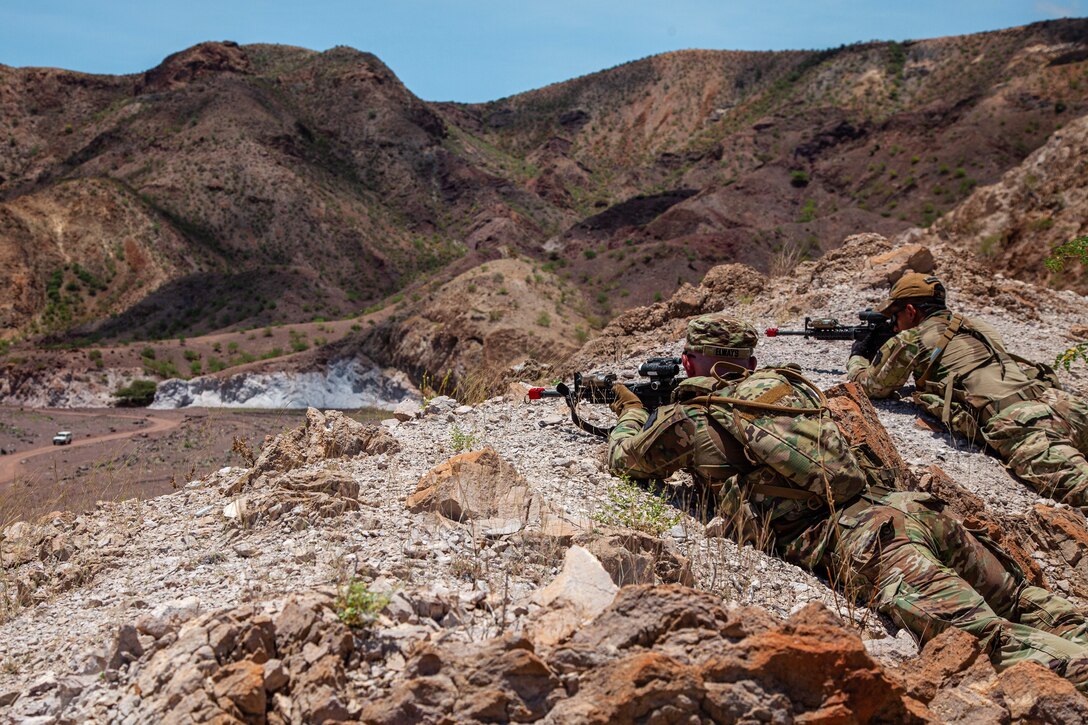 Soldiers from the 56th Stryker Brigade Combat Team, who are deployed to Africa in support of Combined Joint Task Force-Horn of Africa conduct a Joint Light Leaders Course for other service members May 9, 2024, at Camp Lemonnier Djibouti. The five-day course introduced service members from all branches to basic infantry skills including, conducting an ambush, knot tying, mission planning, and small unit tactics. (U.S. Army National Guard photo by Capt. Owen Dietrich)