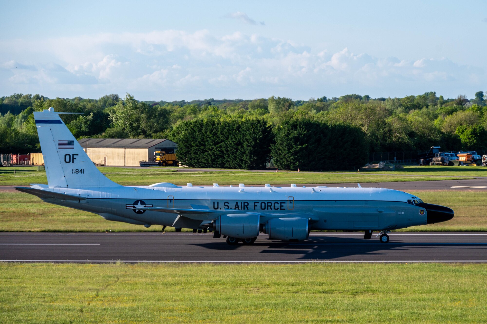 A RC-135 Rivet Joint taxis down the runway