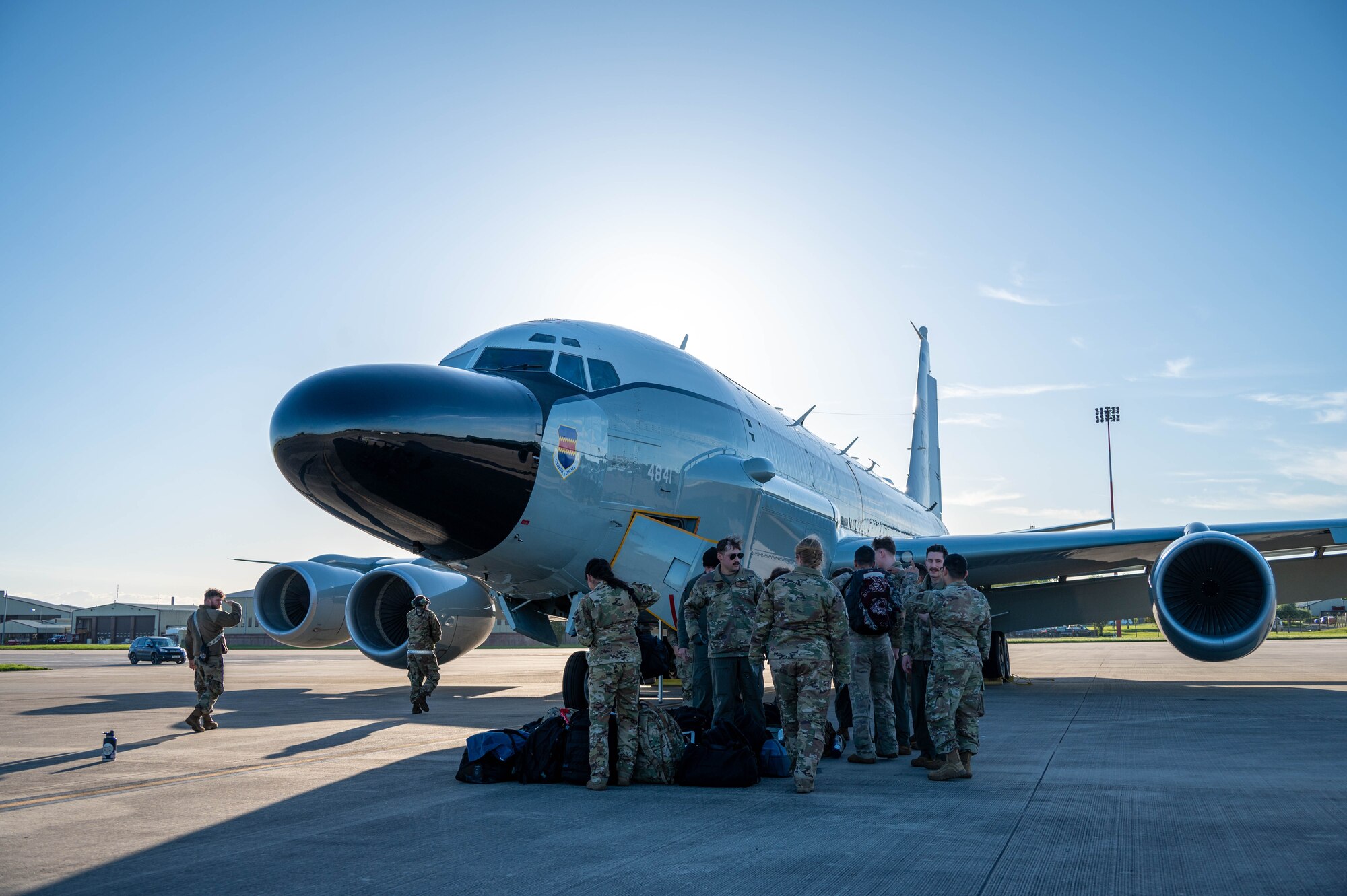 Airmen gather around a RC-135 Rivet Joint
