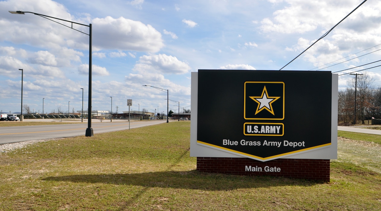 Image of the main gate sign at Blue Grass Army Depot, Kentucky.