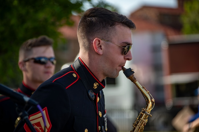 U.S. Marines with Marine Band San Diego, perform  at the BOLDERBoulder 10-kilometer race, in Boulder Colorado, May 27, 2024. MCRDSD and Western Recruiting Region sent Marines to represent the depot during the 2024 BOLDERBoulder 10k race to engage with the local community and showcase the spirit of our organization. (U.S. Marine Corps photo by Master Sergeant Ezekiel R. Kitandwe)
