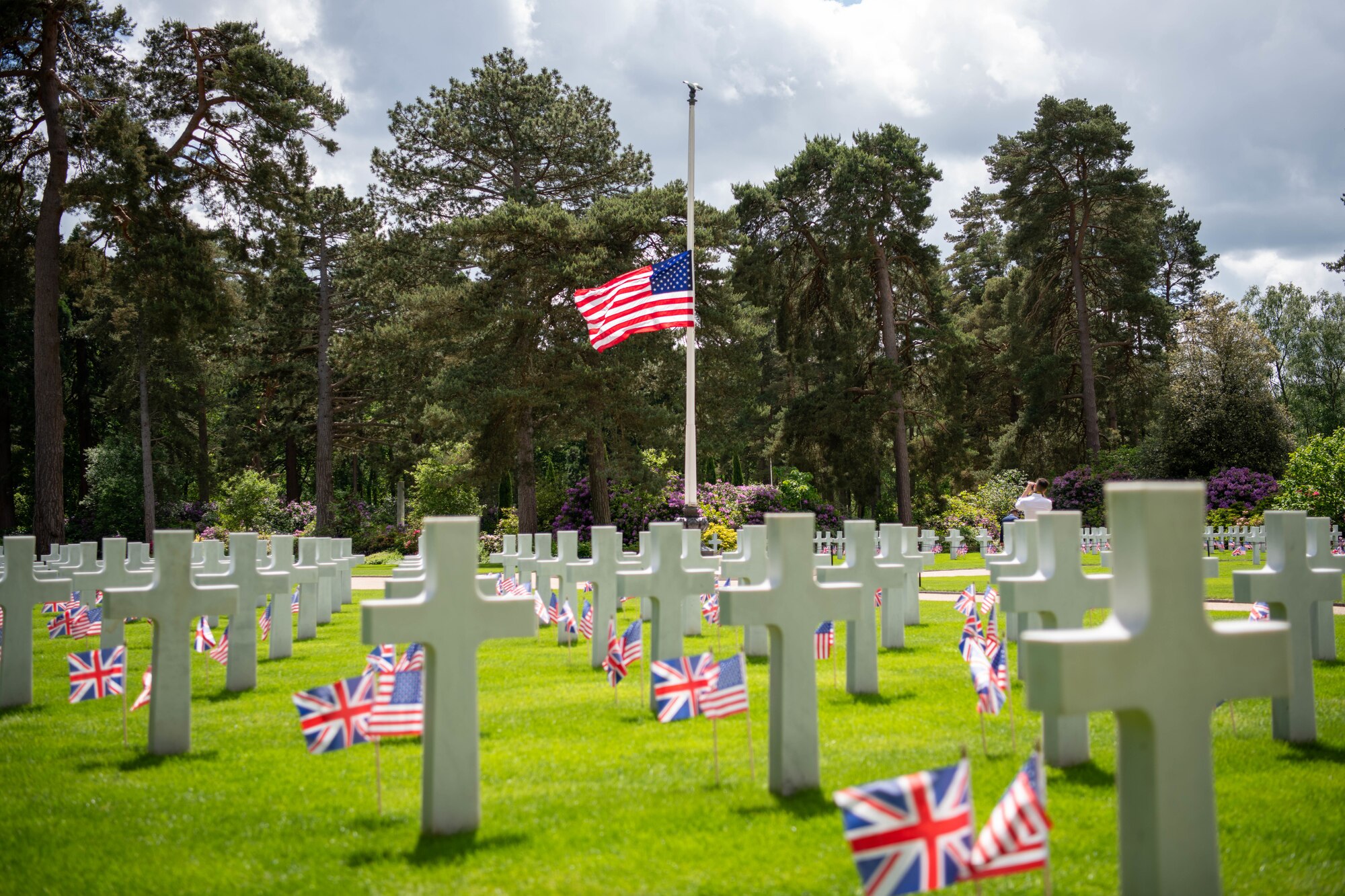 The U.S. flag flies at half-staff in observance of Memorial Day