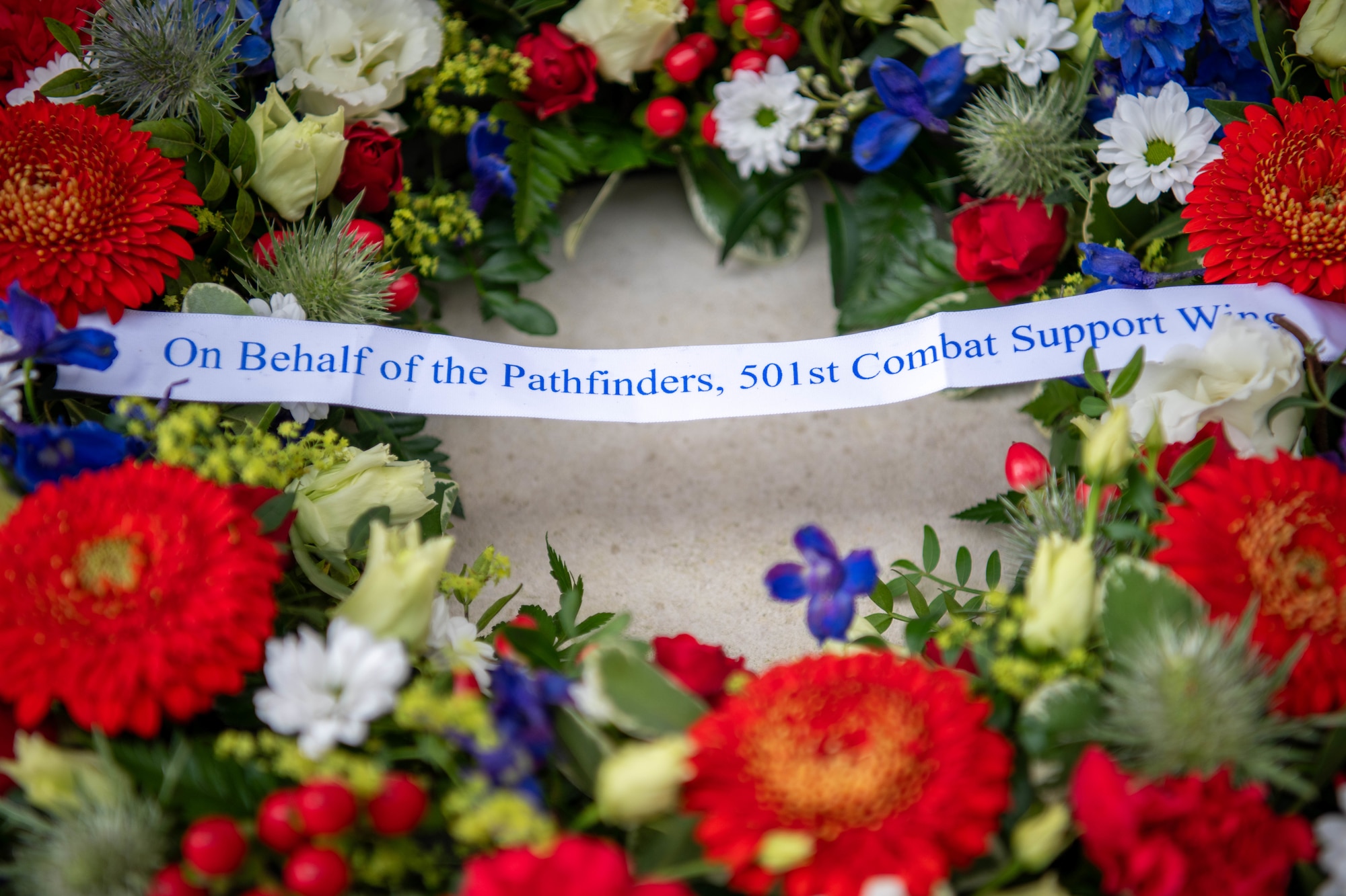 A close up of a wreath from the Pathfinders of the 501st Combat Support Wing