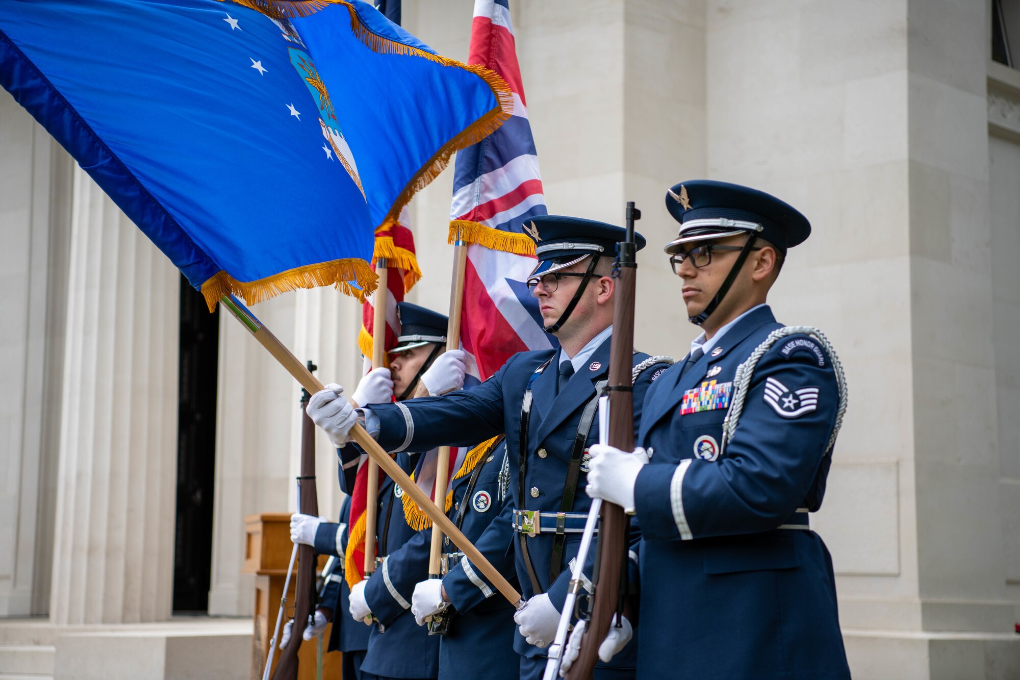 Members of the honor guard present the colors during a Memorial Day ceremony