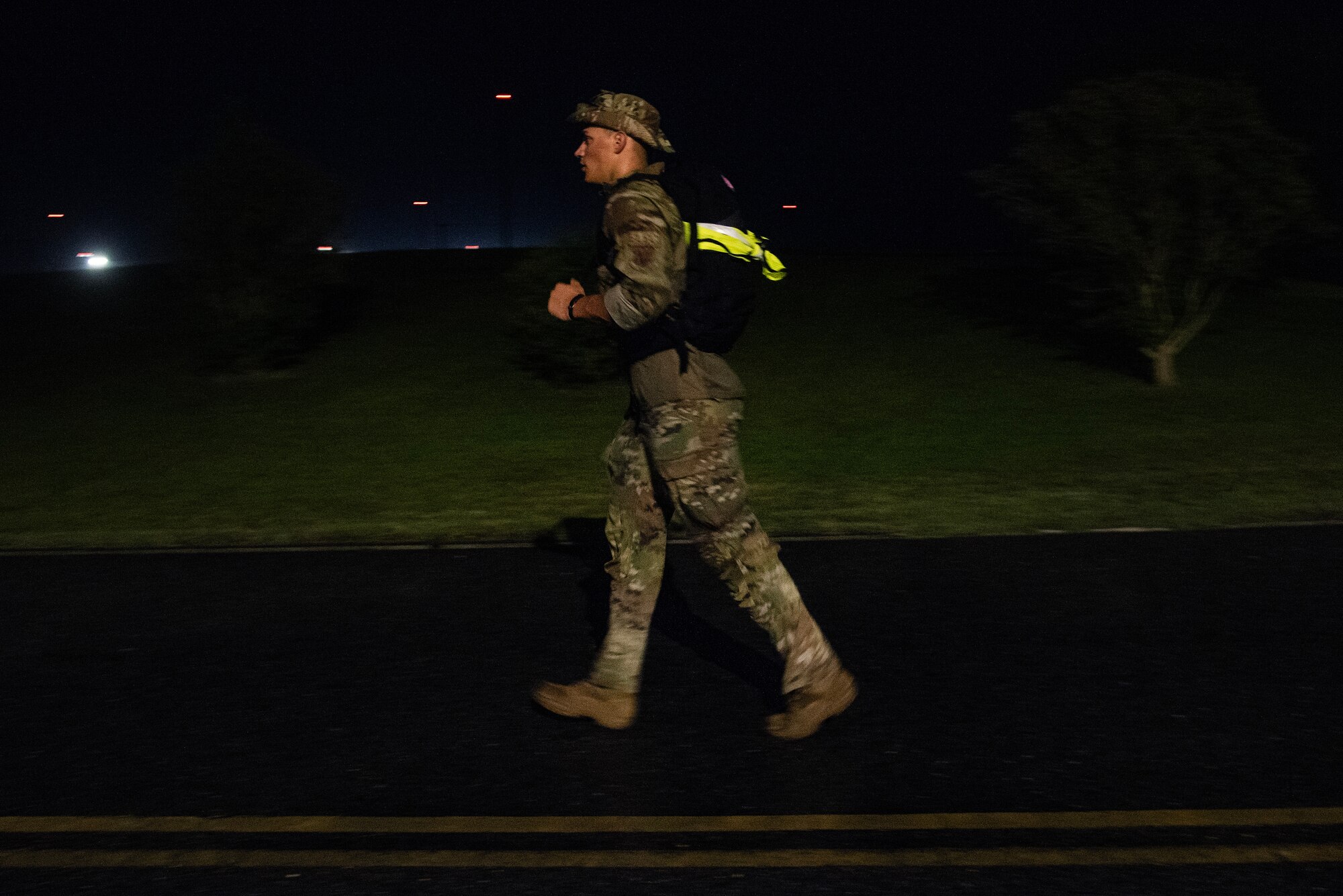 SrA Jeremy Kalminski, 4th CES, participates in a Norwegian Foot March.
