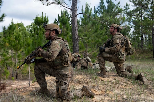 Airmen kneel in the field