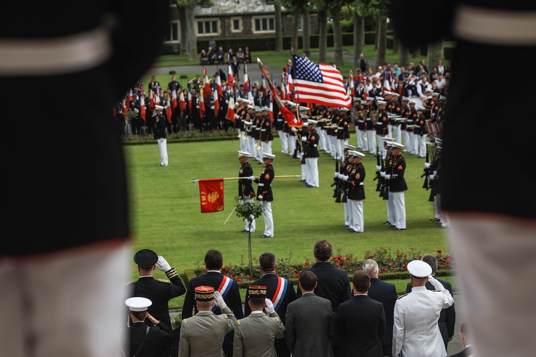 U.S. Marines with 6th Marine Regiment, 2d Marine Division stand in formation during a ceremony at Aisne-Marne American Cemetery, Belleau, France, May 26, 2024. The memorial ceremony was held in commemoration of the 106th anniversary of the battle of Belleau Wood, conducted to honor the legacy of service members who gave their lives in defense of the United States and European allies. (U.S. Marine Corps photo by Sgt. Alexa M. Hernandez)