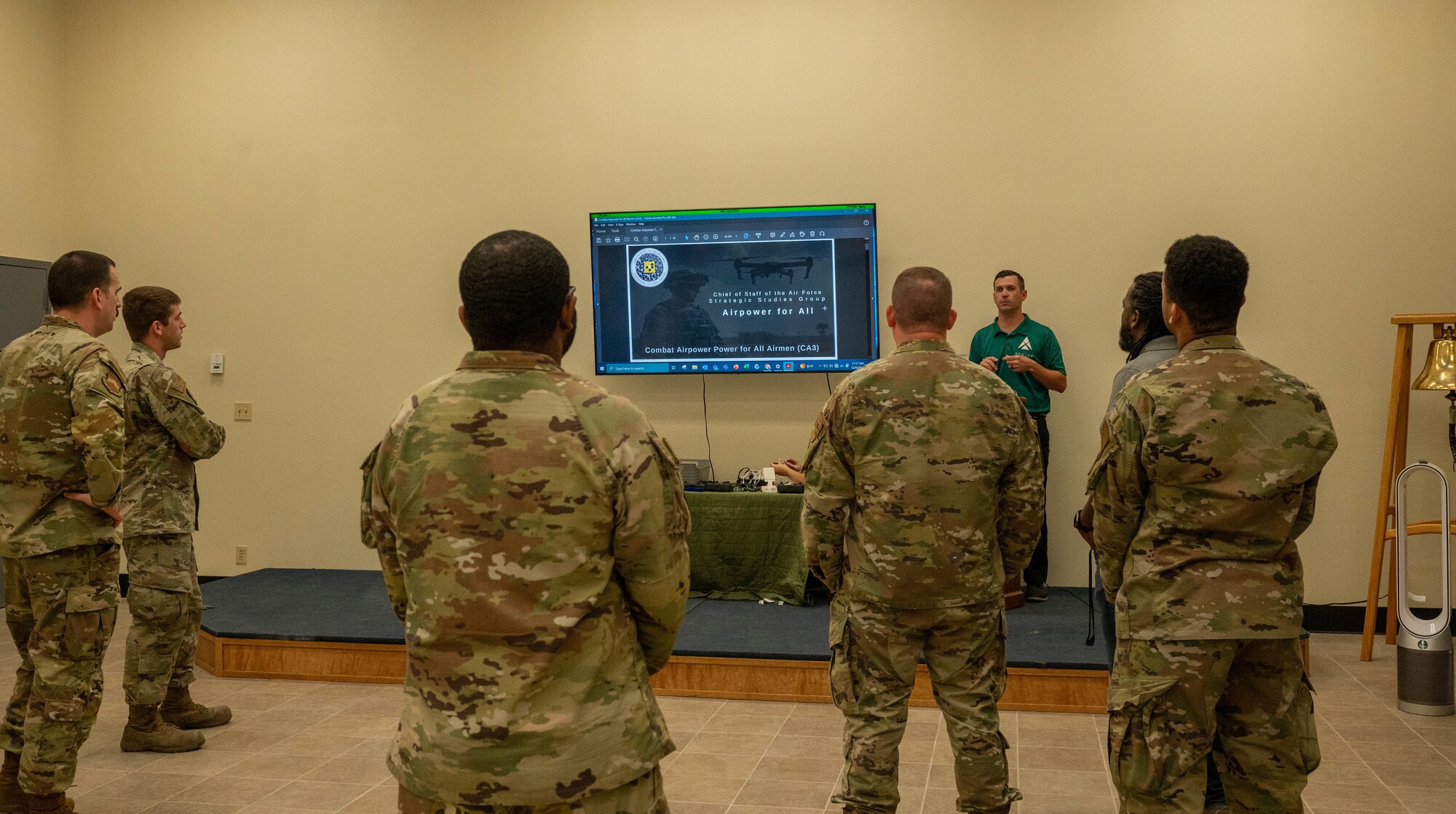 U.S. Air Force Master Sgt. Dakota Belcher, 56th Fighter Wing spark cell lead, instructs a class on the use of small unmanned aerial systems, May 29, 2024, at Luke Air Force Base, Arizona.