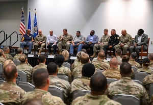 U.S. Air Force Lt. Gen. Tony Bauernfeind, commander of Air Force Special Operations Command, addresses Air Commandos during a town hall at Hurlburt Field, Florida, May 30, 2024. AFSOC leadership, along with community leaders, held the town hall to discuss the recent shooting incident involving an Okaloosa County Sheriff’s Department deputy resulting in the death of SrA Roger Fortson May 3rd. (U.S. Air Force photo by Staff Sgt. Caleb Pavao)