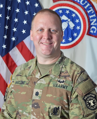 Male Soldier posing in front of the USAREC flag and the U.S. flag.