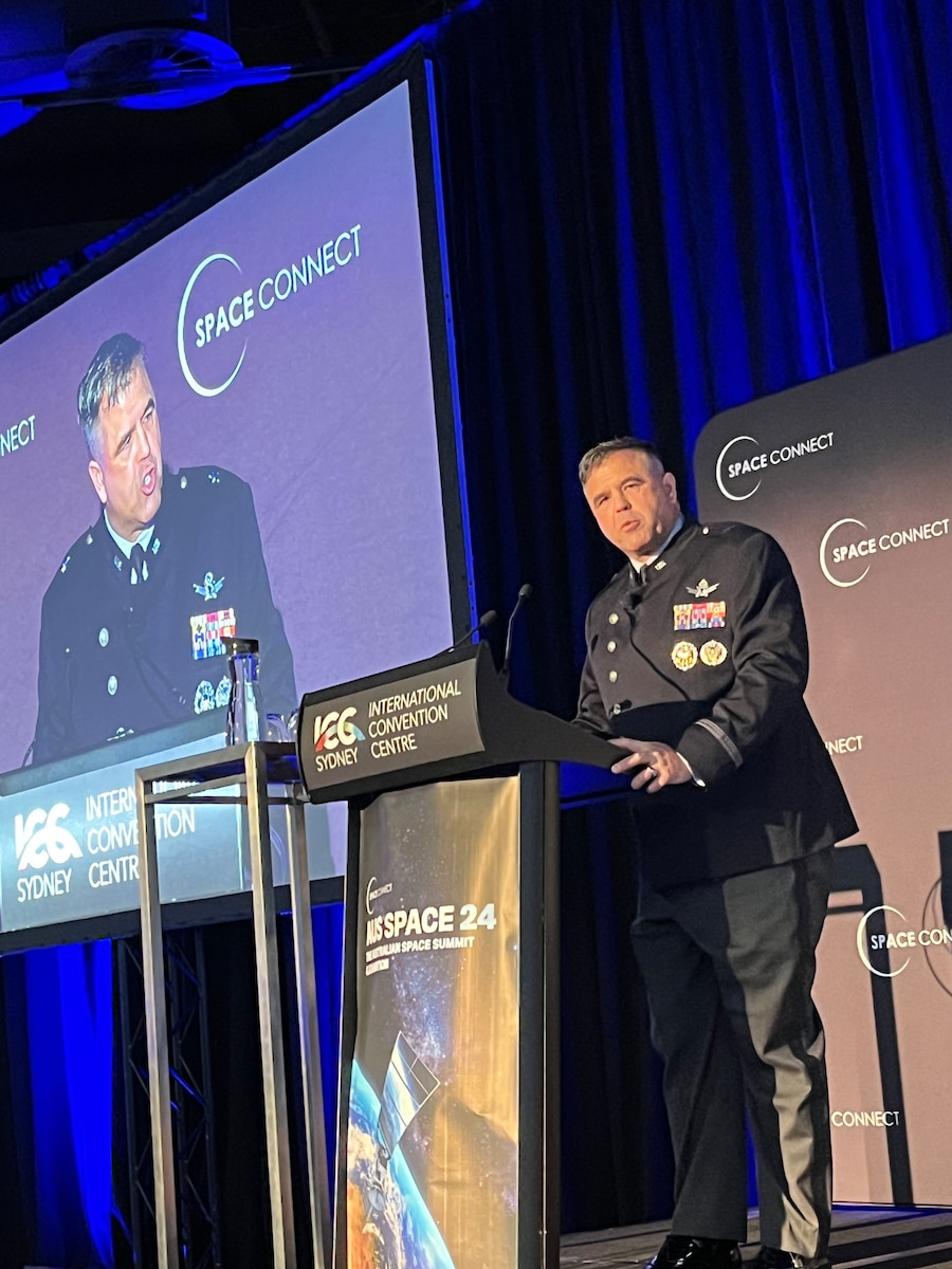 Photo of U.S. Air Force Brig. Gen. Anthony Mastalir speaking at a Space Summit