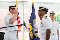 Naval Surface Warfare Center Indian Head Division Commanding Officer CAPT Steve Duba (left) salutes Cmdr. Stan Allen (center) as he assumes command of Expeditionary Exploitation Unit ONE (EXU-1) at the change of command ceremony held in Indian Head, Md., May 30. Outgoing EXU-1 Commanding Officer Cmdr. Eric Hui stands to the right.