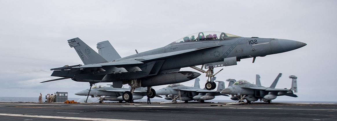 240530-N-AR554-1447 PHILIPPINE SEA (May 30, 2024) An F/A-18F Super Hornet, attached to the Diamondbacks of Strike Fighter Squadron (VFA) 102, lands on the flight deck aboard the U.S. Navy’s only forward-deployed aircraft carrier, USS Ronald Reagan (CVN 76), in the Philippine Sea, May 30. The Diamondbacks conduct carrier-based air strikes and strike force escort missions, as well as ship, battle group, and intelligence collection operations. Ronald Reagan, the flagship of Carrier Strike Group 5, provides a combat-ready force that protects and defends the United States, and supports alliances, partnerships and collective maritime interests in the Indo-Pacific region. (U.S. Navy photo by Mass Communication Specialist 2nd Class Charlotte Dudenhoeffer)