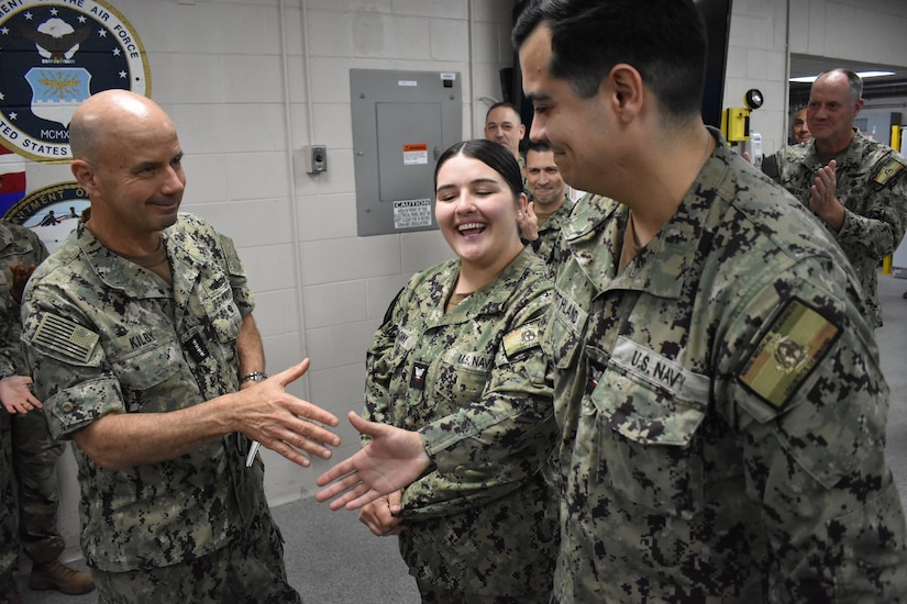 Two Sailors learned they were promoted to the next highest paygrade when Adm. Kilby summoned HM3 Avey Pokorny and HM3 Michael Northland front and center. They weren’t sure why they were being called out by the VCNO. They were happy to learn of their promotions.