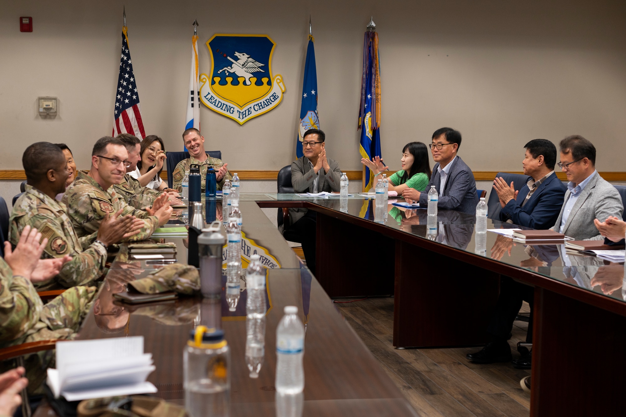 51st Fighter Wing leaders and Songtan city officials introduce themselves during the Osan Air Base and Songtan Community Advisory Council meeting at Osan AB, Republic of Korea, May 30, 2024. 51st FW leadership and city officials addressed community concerns such as light and sound pollution, drone flights and other community related issues. (U.S. Air Force photo by Senior Airman Kaitlin Frazier)