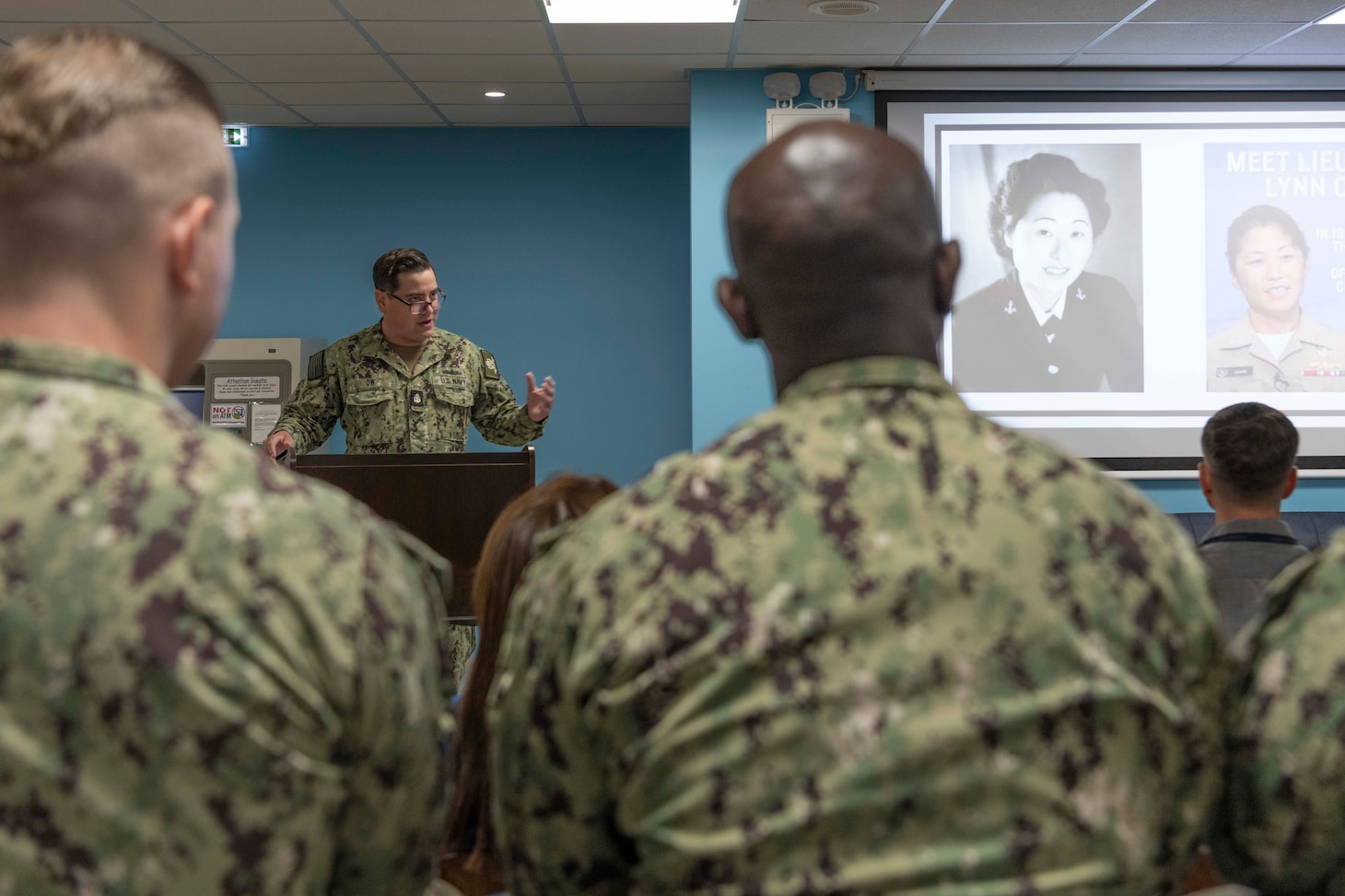 Chief Electronics Technician A.J. Ow, assigned to Naval Support Activity Souda Bay, shares the story of Lieutenant Susan Ahn Cuddy during an Asian American, Native Hawaiian, and Pacific Islander Heritage Month celebration with the theme of “Advancing Leaders Through Innovation” in The Anchor on May 30, 2024.