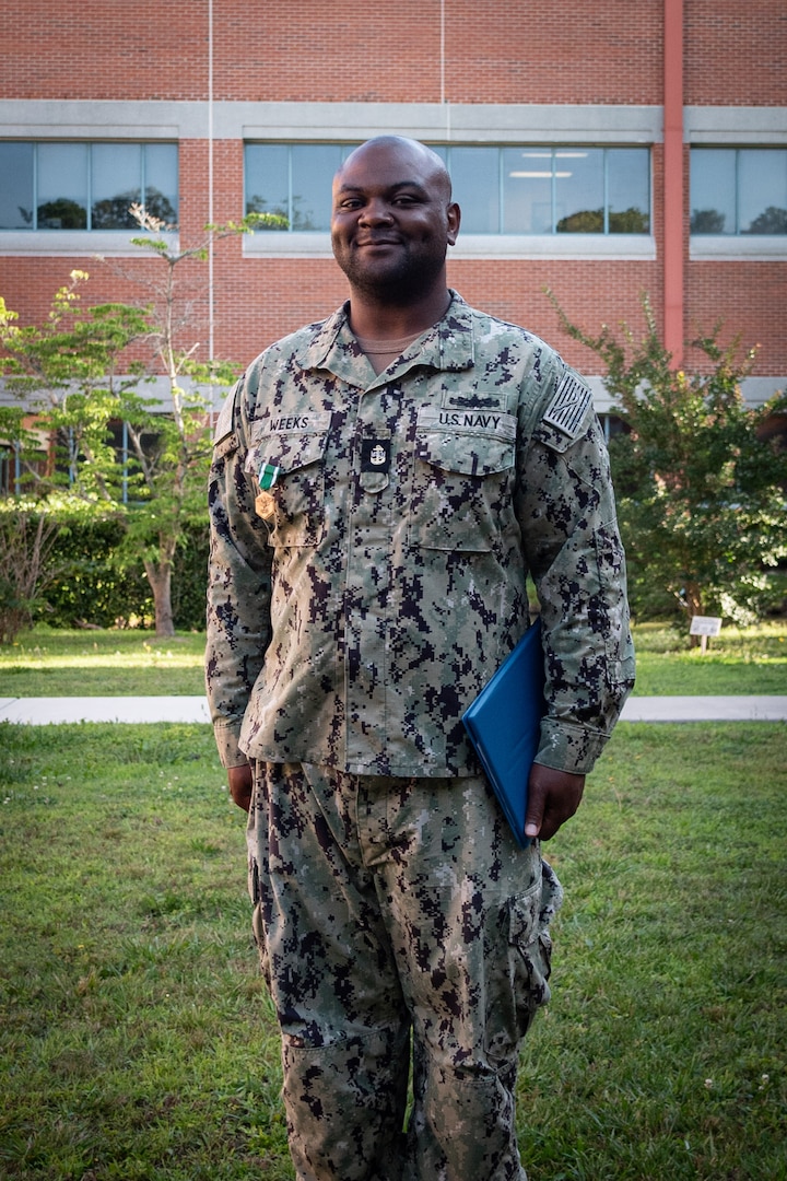 Chief Petty Officer Raymond Weeks received the Navy and Marine Corps Commendation Medal during a ceremony held May 29, 2024 for his service aboard Naval Health Clinic Cherry Point.  Weeks will retire in early Summer 2024 after more than 20 years’ service in the United States Navy.