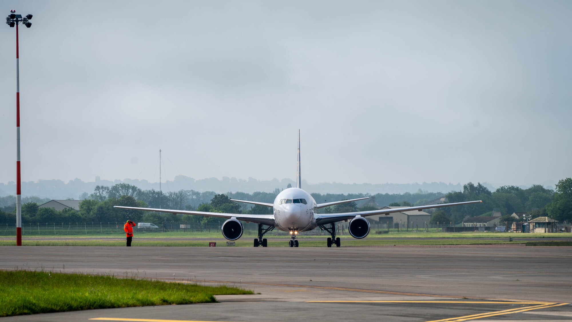 An Atlas Air Boeing 767 aircraft taxis down the flightline at RAF Fairford