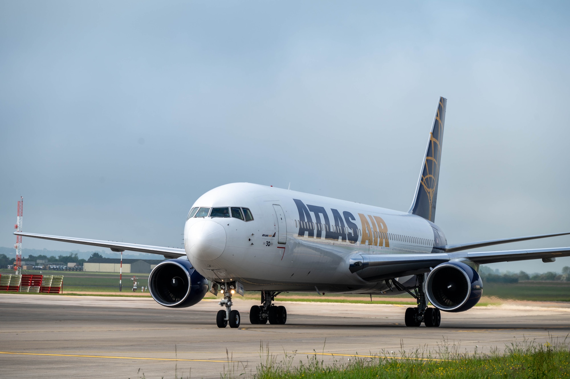 An Atlas Air Boeing 767 aircraft taxis down the flightline at RAF Fairford