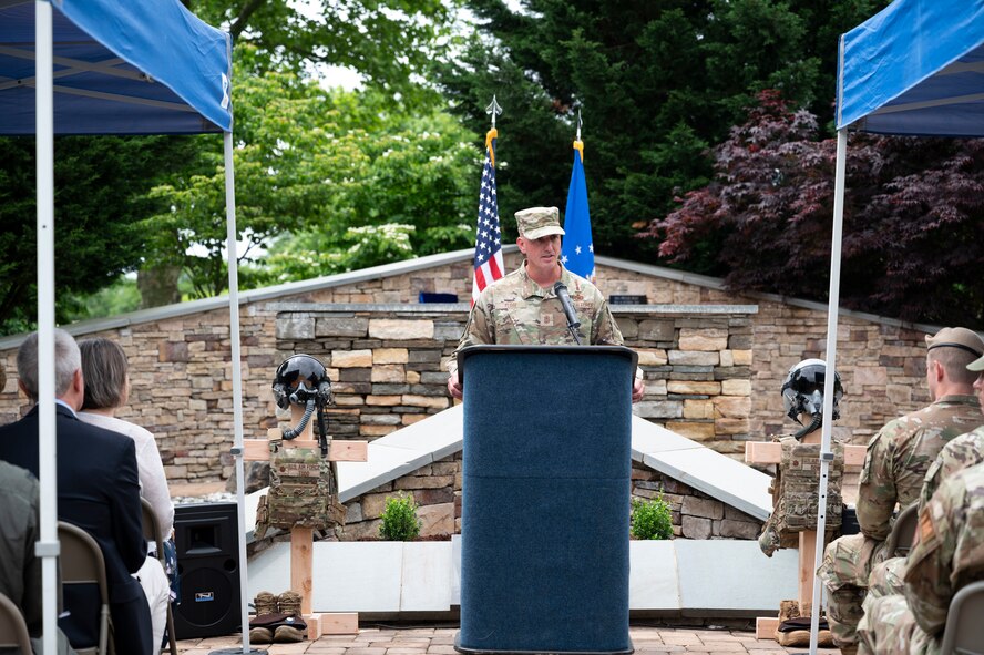 Chief Master Srgt. of the Air Force David Flosi shares opening remarks during the Air Advisor Memorial 2nd Annual Remembrance Ceremony at Joint Base McGuire-Dix-Lakehurst, N.J., May 23, 2024.