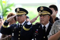 Maj. Gen. Arthur Logan relinquishes responsibility as Hawaii adjutant general to Maj. Gen. Kenneth S. Hara during a transfer of authority ceremony at Washington Place, Hawaii, Dec. 6, 2019.