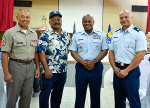 From right to left, Air Force Maj. Marvin Yamada Jr., a mission crew commander in the Western Air Defense Sector, Joint Base Lewis-McChord, Washington; Senior Enlisted Advisor Tony Whitehead, the senior enlisted advisor to the chief of the National Guard Bureau; Yamada's father and Command Sgt. Maj. Celso Leonen, command senior enlisted leader for the Guam National Guard, pose during a ceremony at the Ngarachamayong Cultural Center in downtown Koror, Palau, April 29, 2024. Palau President Surangel Whipps Jr., Guam Gov. Lou Leon Guerrero, and Army National Guard Col. Michael Cruz, adjutant general of the Guam National Guard, signed a declaration formalizing the nation's newest state partnership between the U.S. territory of Guam and the Republic of Palau.