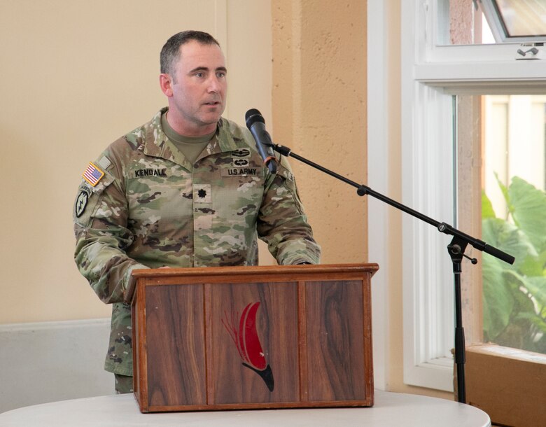 Lt. Col. Joseph Kendall, Honolulu District deputy commander, delivers remarks during the spring 2024 Waikoloa Maneuver Area Formerly Used Defense Site Restoration Advisory Board meeting May 22, 2024, in Waikoloa Village on the Island of Hawaii.