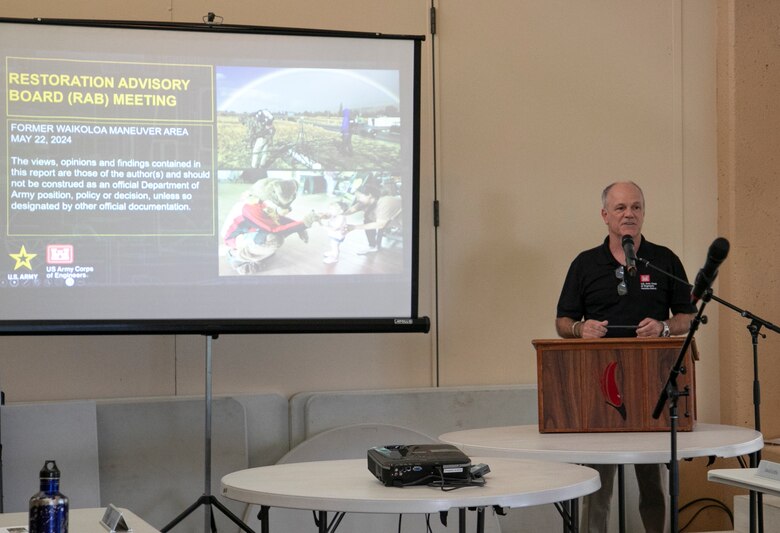 Dave Griffin, Waikoloa Maneuver Area program manager with the Honolulu District, delivers remarks during the spring 2024 WMA FUDS Restoration Advisory Board meeting May 22, 2024, in Waikoloa Village on the Island of Hawaii.