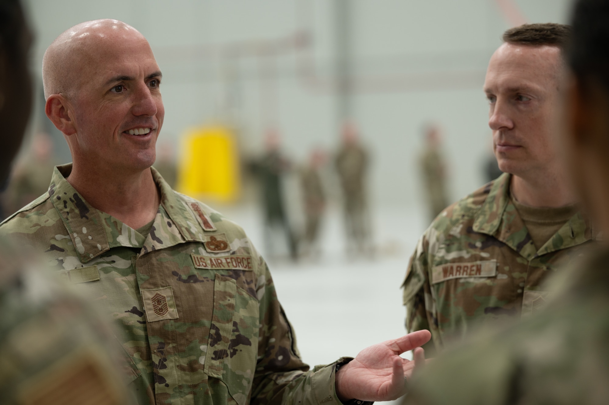 Chief Master Sgt. of the Air Force David A. Flosi speaks to expeditionary demonstration presenters at Joint Base McGuire-Dix-Lakehurst, N.J., May 23, 2024. Flosi toured the installation with JB MDL leadership team, attending the Parade of Wreaths observance and the 12th Annual Air Advisor Memorial ceremony. (U.S. Air Force photo by Airman 1st Class Aidan Thompson)