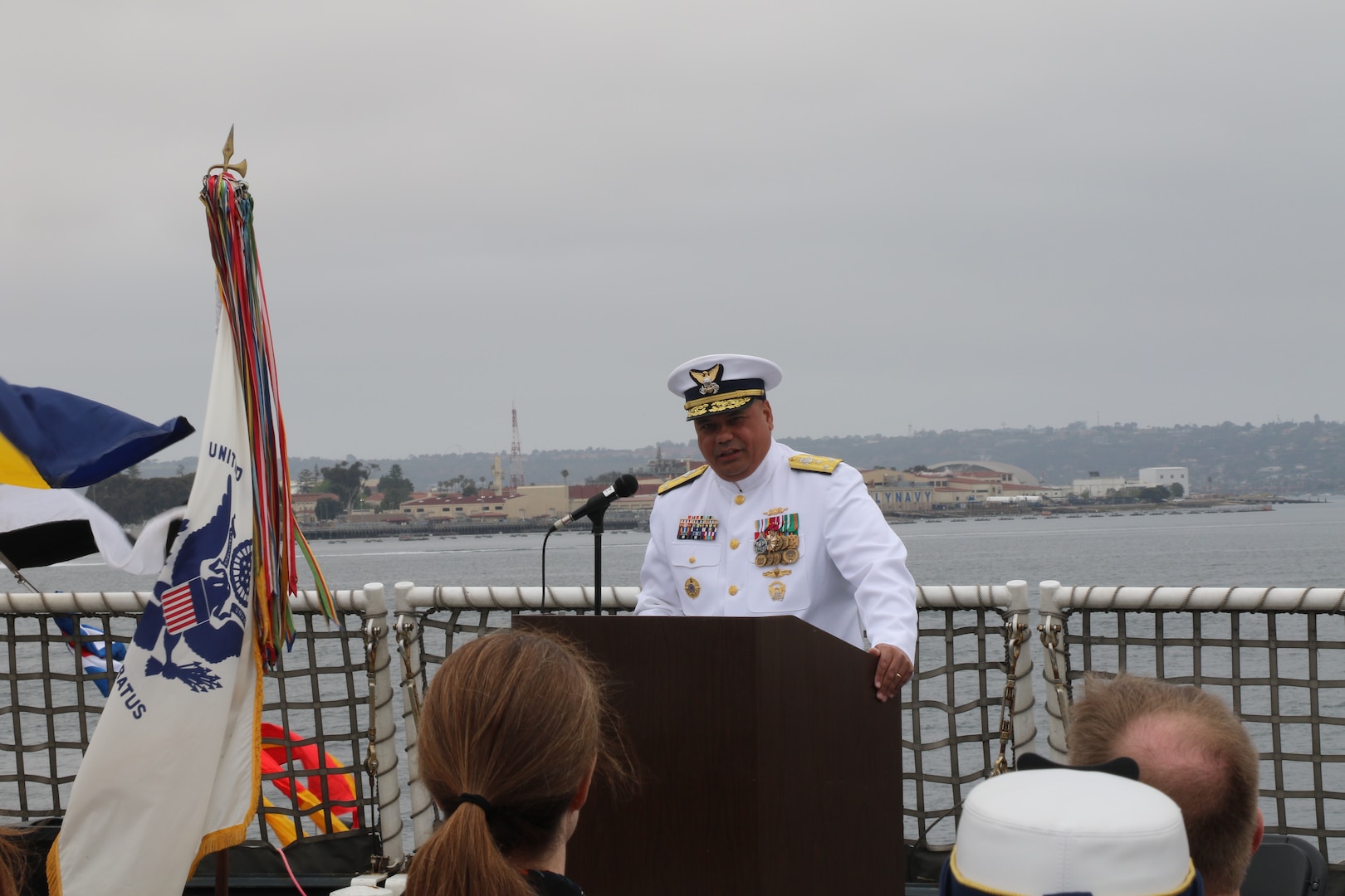 Vice Adm. Andrew J. Tiongson, Commander, U.S. Coast Guard Pacific Area, delivers remarks during the U.S. Coast Guard Cutter Munro’s (WMSL 755) change of command ceremony in San Diego, May 30, 2024. Tiongson presided over the ceremony in which Capt. James O’Mara relieved Capt. Rula Deisher as Munro’s commanding officer. U.S. Coast Guard photo by Ensign Samika Lewis.