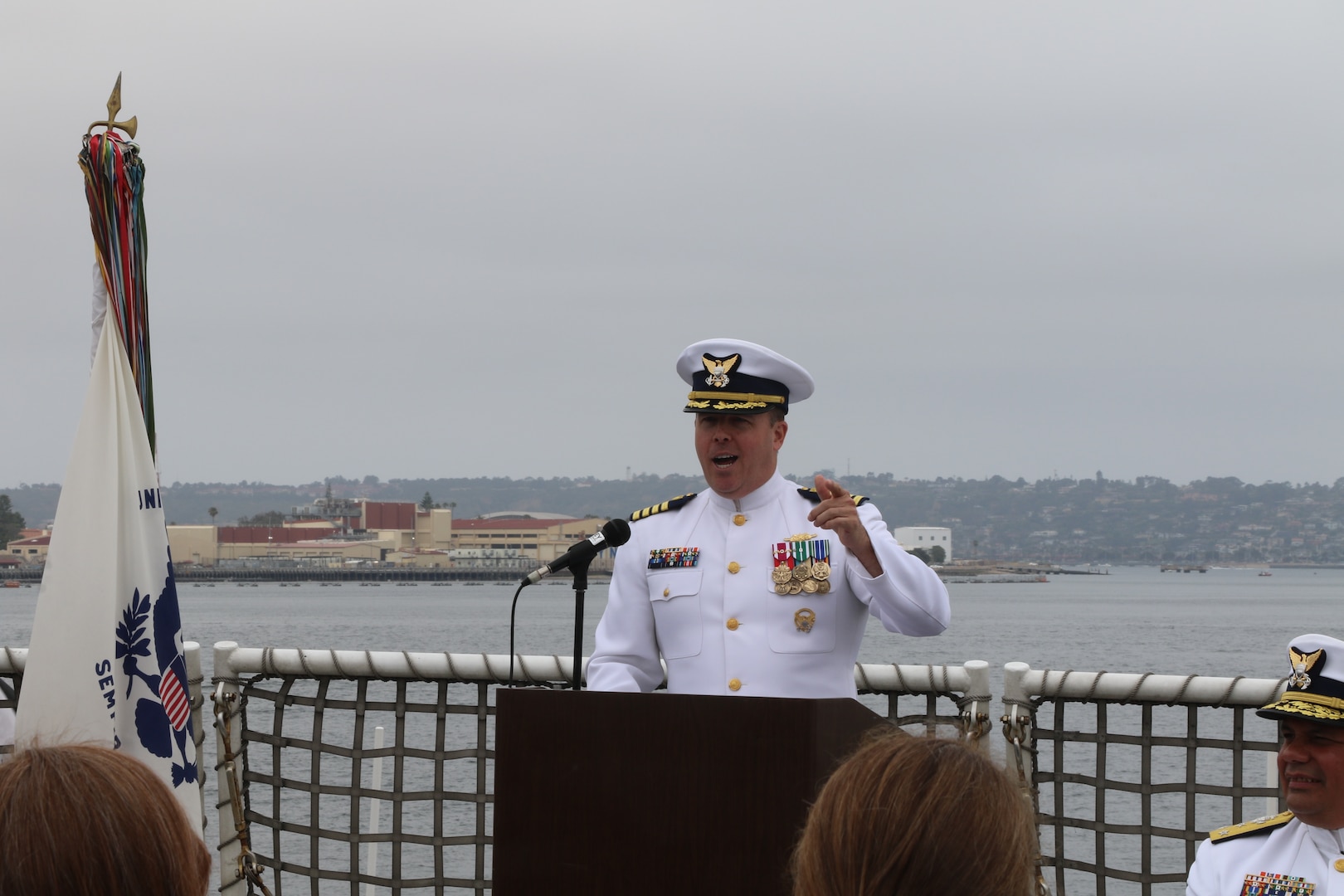 Capt. James O’Mara delivers his remarks during the U.S. Coast Guard Cutter Munro’s (WMSL 755) change of command ceremony in San Diego, May 30, 2024. Vice Adm. Andrew J. Tiongson, Commander, U.S. Coast Guard Pacific Area, presided over the ceremony in which O’Mara relieved Capt. Rula Deisher as Munro’s commanding officer. U.S. Coast Guard photo by Ensign Samika Lewis.