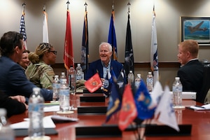 Sen. John Cornyn discusses the state of training with base and community leadership during a base visit, Goodfellow Air Force Base, Texas, May 30, 2024. Cornyn visited the 17 Training Wing to observe and discuss innovative methods used in training and community partnerships. (U.S. Air Force photo by Airman 1st Class Madison Collier)