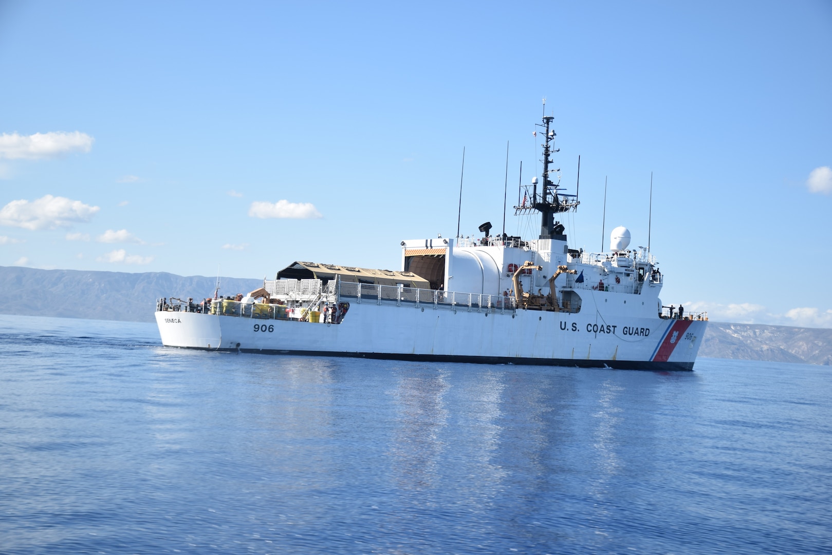 U.S. Coast Guard Cutter Seneca (WMEC 906) patrols off the coast of Haiti, April 13, 2024, during a deployment to the Windward Passage. The crew of Seneca completed a 58-day patrol in the Windward Passage and Florida Straits to deter illegal migration while supporting Homeland Security Task Force – Southeast (HSTF-SE) and Operation Vigilant Sentry (OVS). (U.S. Coast Guard photo)