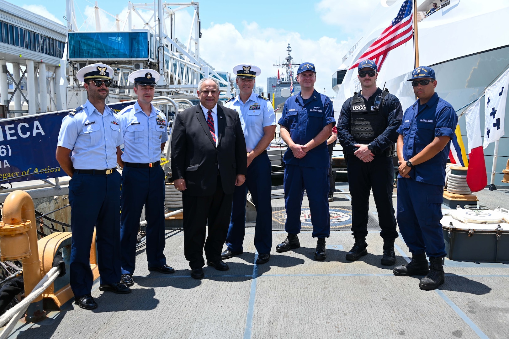 Secretary of the Navy Carlos Del Toro poses with a few members from the medium endurance cutter USCGC Seneca (WMEC 906) while visiting during Fleet Week Miami in PortMiami May 7, 2024. More than 3,000 members of the Navy, Marine Corps and Coast Guard arrived in South Florida to participate in various events including flyovers of military aircraft, concerts and visiting local attractions and community events. (U.S. Coast Guard photo by Petty Officer 2nd Class Diana Sherbs)