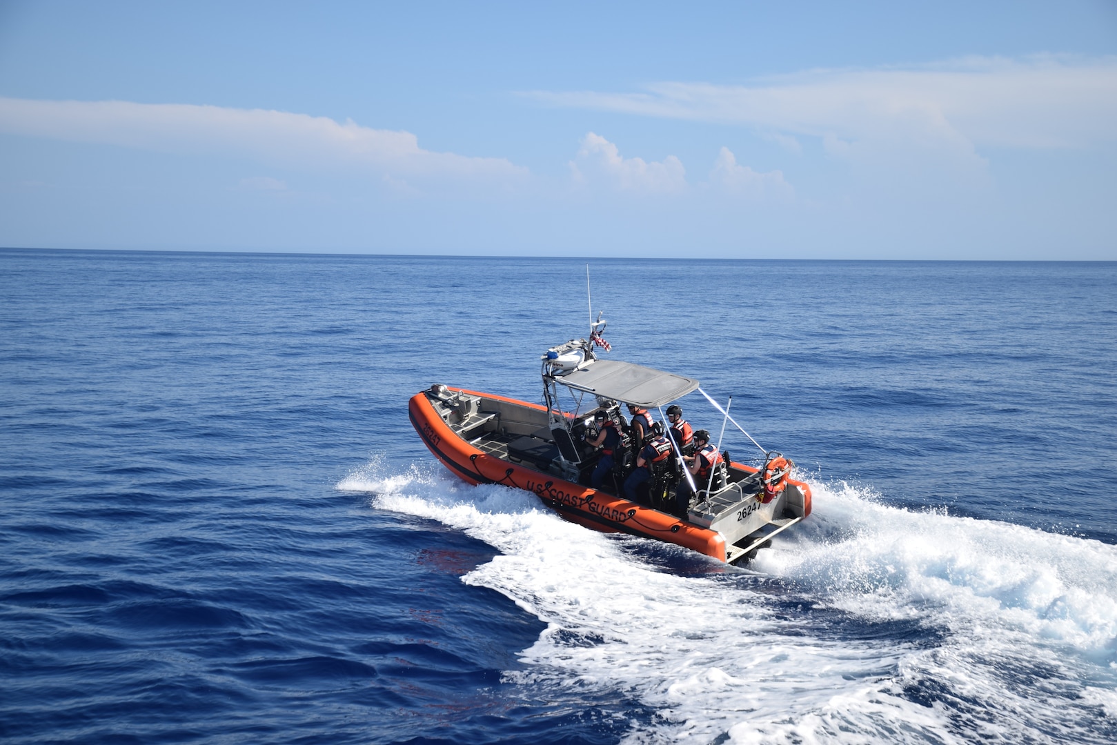 A U.S. Coast Guard Cutter Seneca (WMEC 906) small boat crew conducts drills underway, April 13, 2024, while patrolling in the Windward Passage. The crew of Seneca completed a 58-day patrol in the Windward Passage and Florida Straits to deter illegal migration while supporting Homeland Security Task Force – Southeast (HSTF-SE) and Operation Vigilant Sentry (OVS). (U.S. Coast Guard photo)
