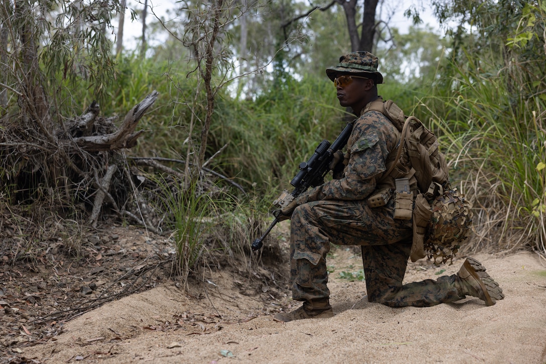 U.S. Marine Corps Sgt. Frankwon Gilmore, an assistant patrol leader with Golf Company, 2nd Battalion, 5th Marine Regiment (Reinforced), Marine Rotational Force – Darwin 24.3, holds security during Exercise Southern Jackaroo 24 at Townsville Field Training Area, Queensland, Australia, May 27, 2024. Members of MRF-D 24.3 deployed to TFTA to participate in Exercise Southern Jackaroo 24, a multilateral combined arms exercise held with capabilities and personnel from the Australian Army, U.S. Army and Marine Corps, Papua New Guinea Defence Force, and the Japanese Ground Self-Defense Force to increase interoperability with Allies and partners. Gilmore is a native of New York. (U.S. Marine Corps photo by Cpl. Earik Barton)