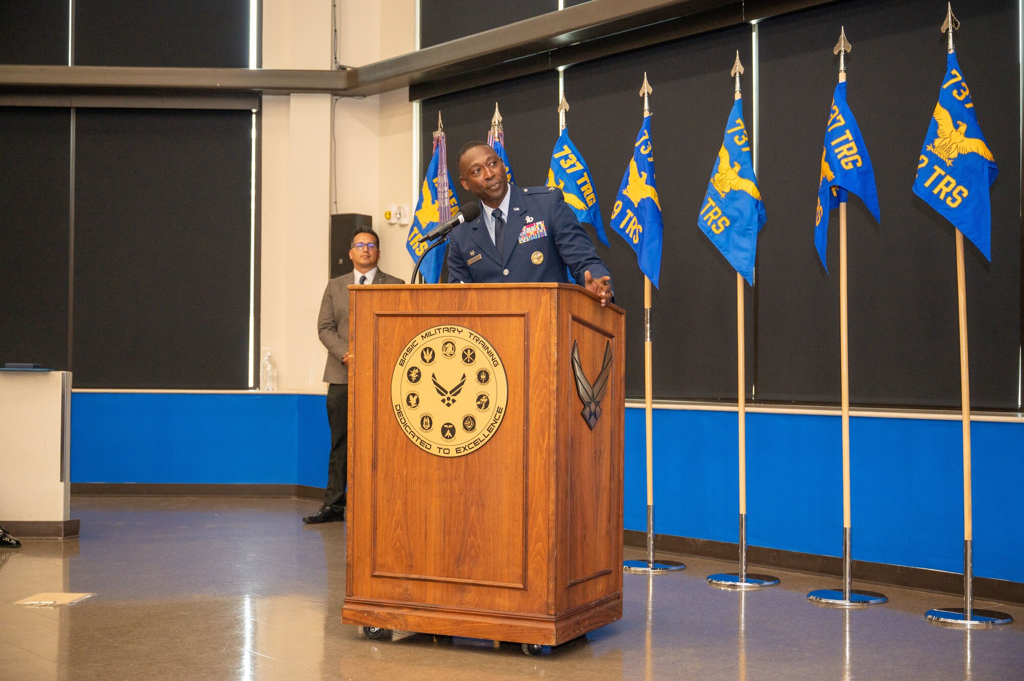 Col. Willie Cooper III gives his inaugural address to members of the 37th Training Wing during the Change of Command ceremony May 30 at Joint Base San Antonio-Lackland, Texas. Cooper succeeded Col. Lauren Courchaine as the 37 TRW commander. (U.S. Air Force photo by Ava Leone)
