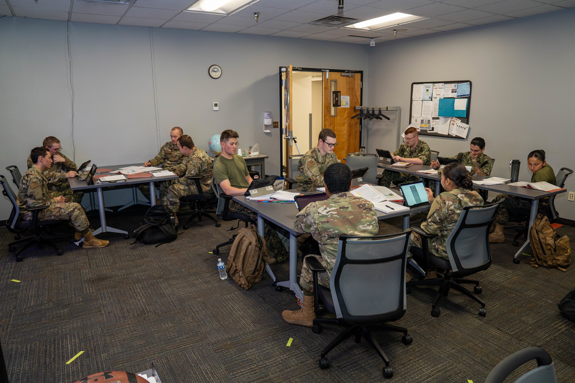 Students assigned to the 335th Training Squadron complete classwork using digital tablets at the Weather Training Complex on Keesler Air Force Base, Mississippi, April 18, 2024.