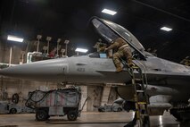 A U.S. Air Force Airman assigned to the 35th Maintenance Group runs a diagnostic on an F-16 Fighting Falcon Jet during the Beverly Sunrise 24-6 exercise at Misawa Air Base, Japan, Oct. 24, 2024.