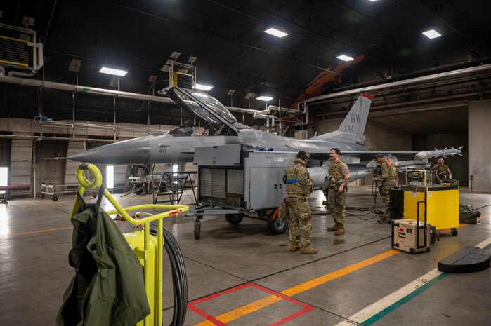 An F-16 Fighting Falcon undergoes maintenance during the Beverly Sunrise 24-6 exercise at Misawa Air Base, Japan, Oct. 24, 2024.