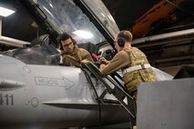 U.S. Air Force Airmen assigned to the 35th Maintenance Group run diagnostics on an F-16 Fighting Falcon during the Beverly Sunrise 24-6 exercise at Misawa Air Base, Japan, Oct. 24, 2024.