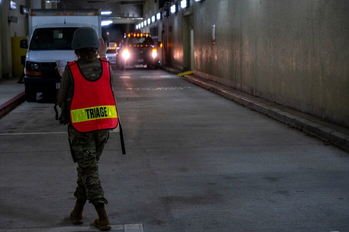 A U.S. Air Force Airman with the 35th Medical Group overlooks the Urgent Care Services tunnel during the Beverly Sunrise 24-6 exercise at Misawa Air Base, Japan, Oct. 24, 2024.