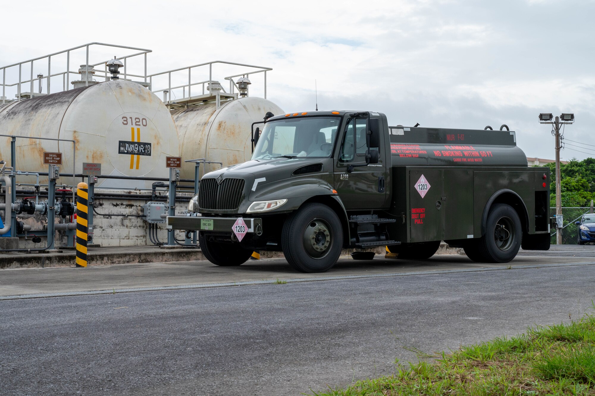 A fuel truck is staged prior to a spill response training scenario.