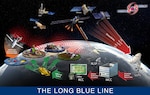 A black background and a globe setting the scene in space, there are satelites, planes, information flows, and arrows all showcasing how a distress call would originate, how it gets to the MCC, and then how it gets routed out to SAR teams to find the asset or personnel.