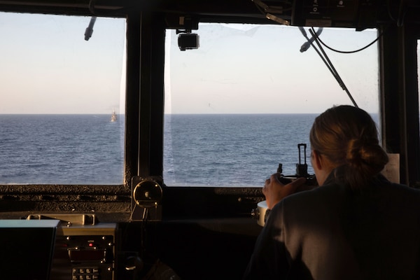 USS Stockdale (DDG 106) and ENS Abu Qir (F941) conduct a bilateral sailing exercise in the Red Sea.