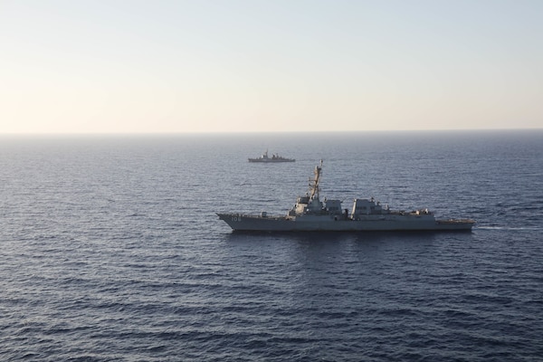 USS Stockdale (DDG 106) and ENS Abu Qir (F941) conduct a bilateral sailing exercise in the Red Sea.