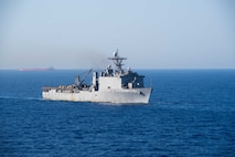 240630-N-HE057-1082 MEDITERRANEAN SEA (June 30, 2024) The Harpers Ferry-class dock landing ship USS Oak Hill (LSD 51) steams in formation with the remaining components of the Wasp Amphibious Ready Group (WSP ARG), the Dwight D. Eisenhower Carrier Strike Group (IKECSG), and the Royal Navy Daring-class air-defense destroyer HMS Duncan (D 37) in the Mediterranean Sea, June 30, 2024. The IKECSG is on a scheduled deployment to the Naval Forces Europe area of operations, employed by U.S. 6th Fleet to promote regional security and to deter aggression. (U.S. Navy photo by Mass Communication Specialist 3rd Class Nicholas Rodriguez)