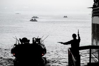 USS Somerset (LPD 25) launches amphibious combat vehicle from the 1st Marine Division off the coast of Southern California.