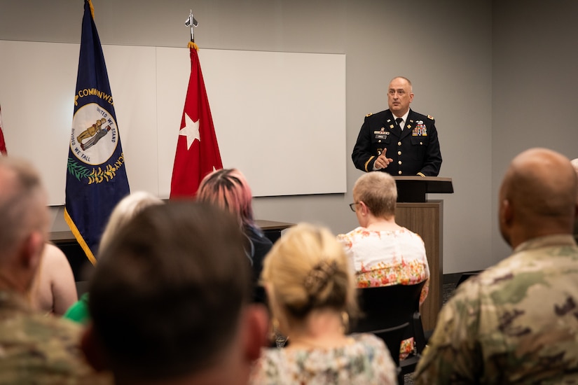 U.S. Army Col. Kevin Jones speaks during his promotion ceremony.