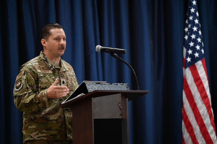 12th Combat Air Base Squadron commander, gives closing remarks to his friends, family and fellow Airmen